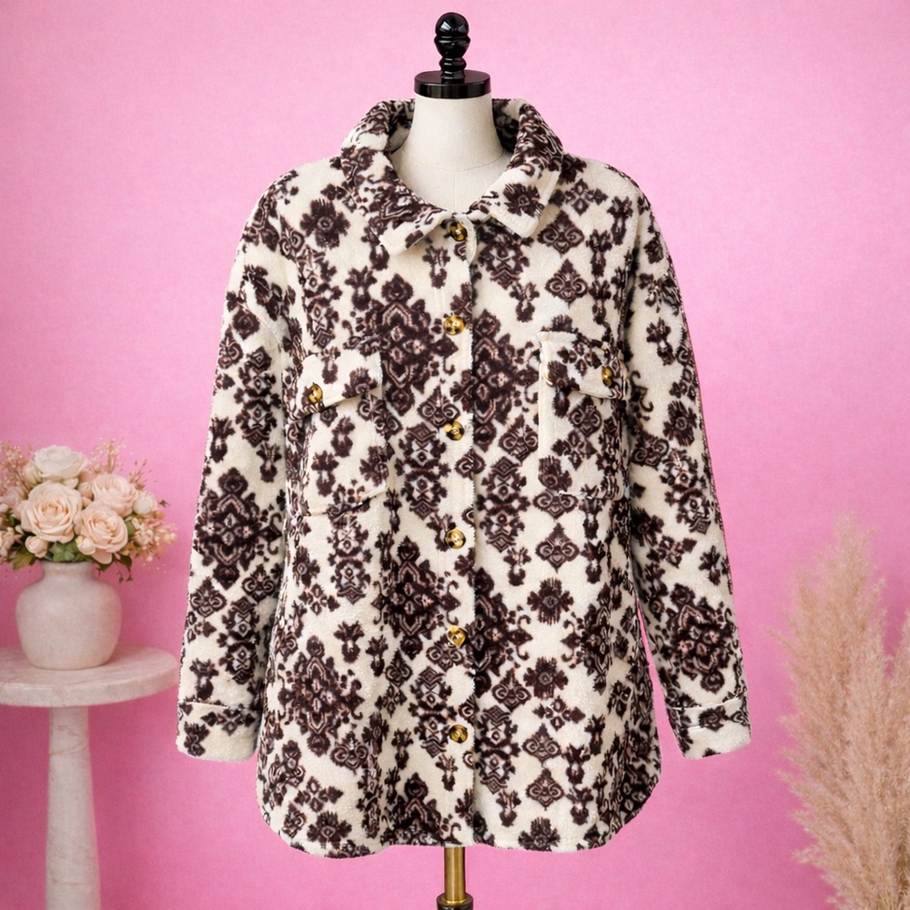 I BELIEVE‎ Brown and Cream Damask Pattern Fleece Shacket Jacket - Size 2XL